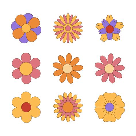 Set of groovy hippie 70s flowers. Funny cartoon daisies. Flower power ...