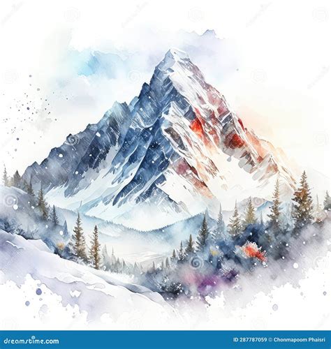 Watercolor Winter Mountain Landscape with Snow and Pine Trees. Digital ...