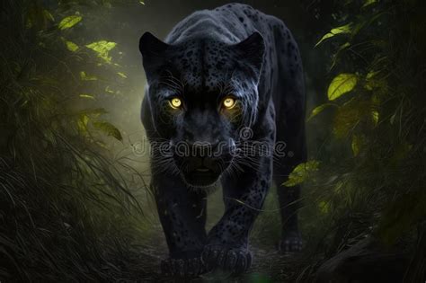 Panther, Prowling the Jungle at Night, Its Yellow Eyes Glowing Stock ...