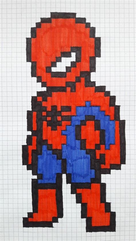 a drawing of an orange and blue spider man in pixellated style on white ...