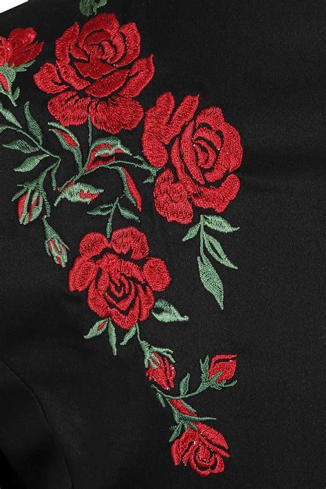 50s Vintage Inspired Black Dress with Red Embroidered Roses on the ...