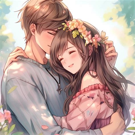 Premium Photo | Anime couple hugging each other in a garden with ...