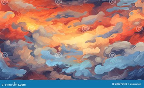 Beautiful Sunset Sky with Orange Clouds, Illustration. Painting of ...