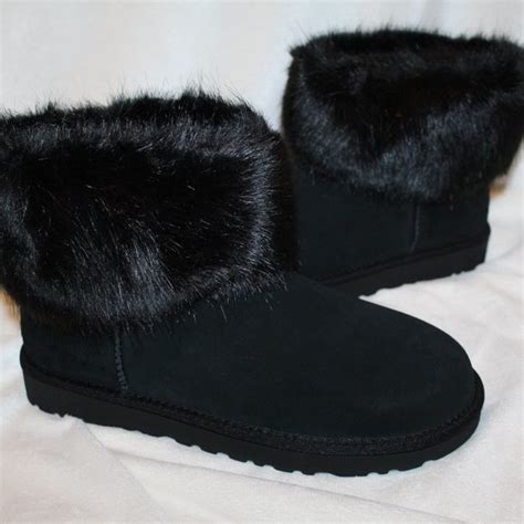 UGG | Shoes | New Ugg Womens Mini Suede Fur Trimmed Boots Black | Poshmark