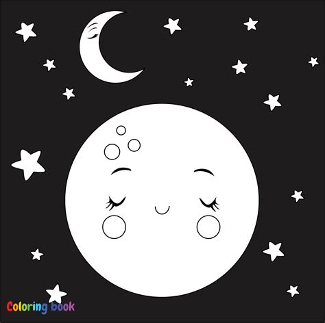 cute cartoon moon and star on the space . Black and white vector ...