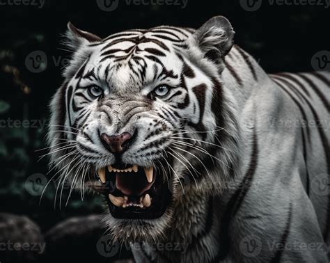 Detailed portrait of a roaring white tiger face, isolated on black ...