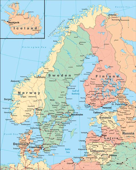 Large detailed political map of Scandinavia with roads and cities ...