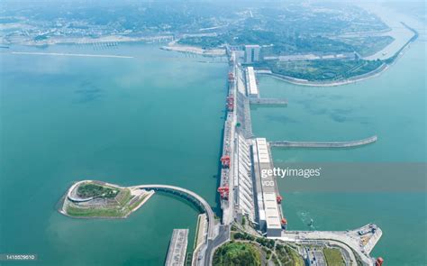 Aerial view of the Three Gorges Dam releasing water to help ease a ...