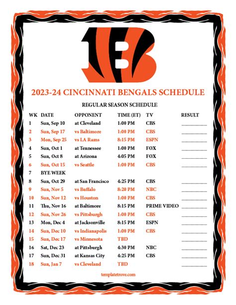 Printable 2023-2024 Cincinnati Bengals Schedule