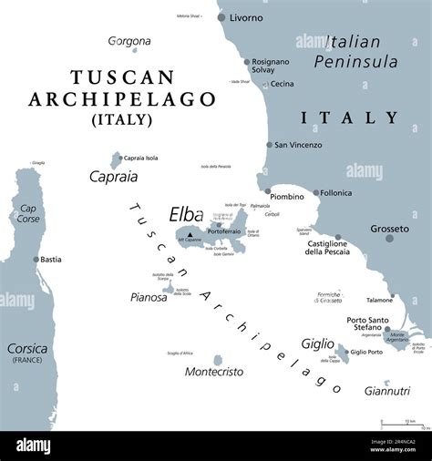 Tuscan Archipelago, Italy, gray political map. Island chain between ...