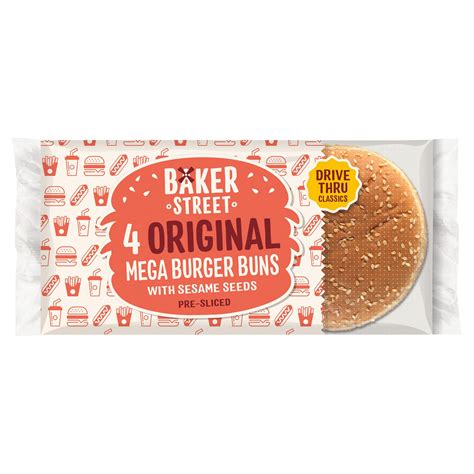 Baker Street 4 Original Mega Burger Buns with Sesame Seeds Pre-Sliced ...