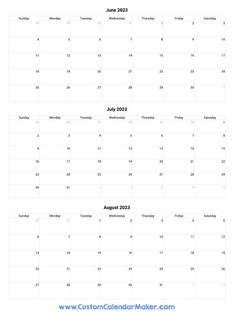 June to August 2023 Calendar Printable