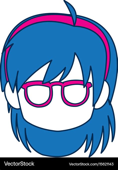 Chibi anime girl face blue hair glasses Royalty Free Vector