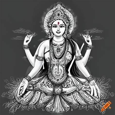 Black and white depiction of a serene hindu goddess