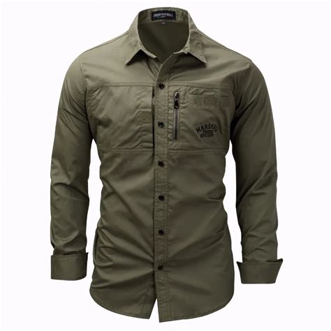 Men Shirt military Mens Long Sleeve Slim fit camisa masculina Khaki ...