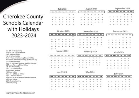 Cherokee County Schools Calendar with Holidays 2023-2024