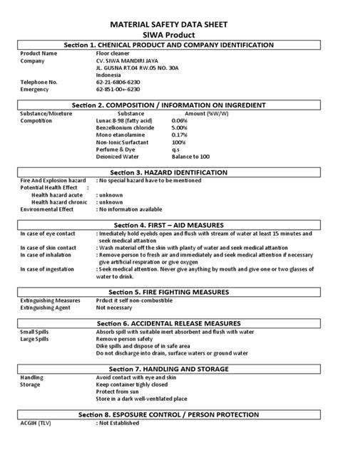 MATERIAL SAFETY DATA SHEET Floor Cleaner | PDF | Water | Materials