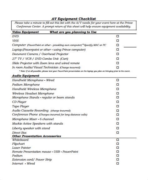 11+ Equipment Checklists | Sample Templates