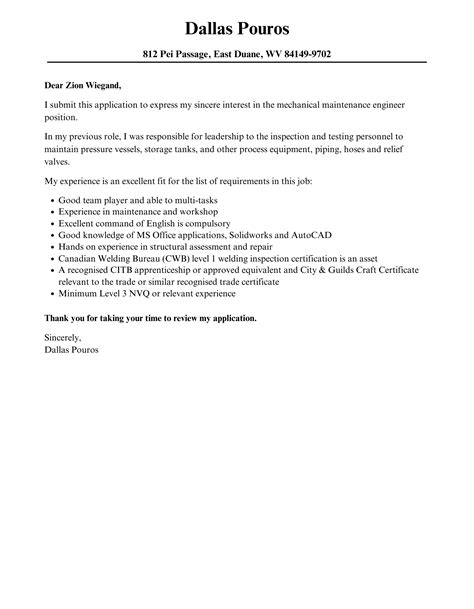 Mechanical Maintenance Engineer Cover Letter | Velvet Jobs