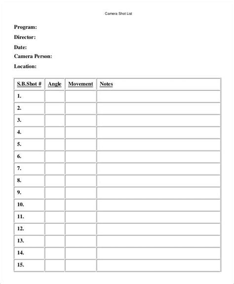 Camera Shot List Template