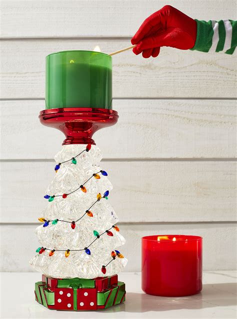 Water Globe Christmas Tree Pedestal 3-Wick Candle Holder | Bath and ...