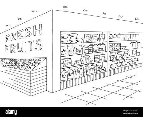 Grocery store shop interior black white graphic sketch illustration ...