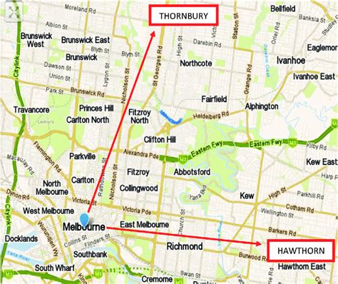 Location of Melbourne suburbs Thornbury and Hawthorn (Source: Google ...