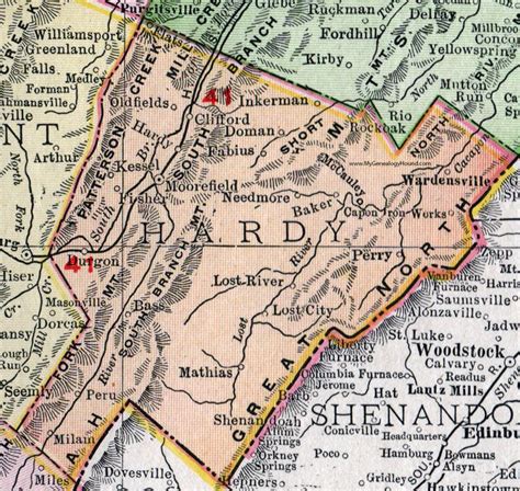 Hardy County, West Virginia, 1911, Map, Moorefield, Wardensville, Baker ...