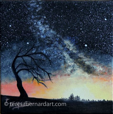 Starry Night with Lone Scraggly Tree - Teresa Bernard Oil Paintings