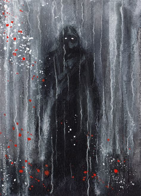 Black Shadow of the scary man. Art print and card. Horror Watercolor ...