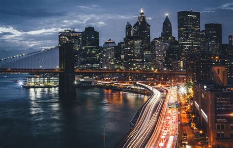 Photo Wallpaper Night, Bridge, The City, Lights, Usa, - Night New York ...