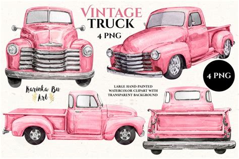 4 Watercolor Vintage Pink Farm Truck Clipart Valentines Day