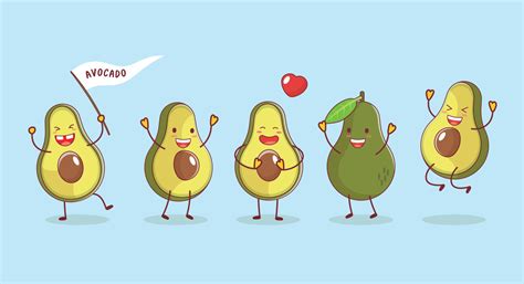 Cute funny avocado cartoon characters set isolated on blue background ...