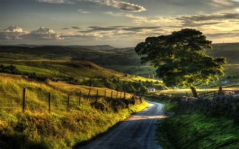 Countryside nature scenery, fence, hills, road, trees wallpaper ...