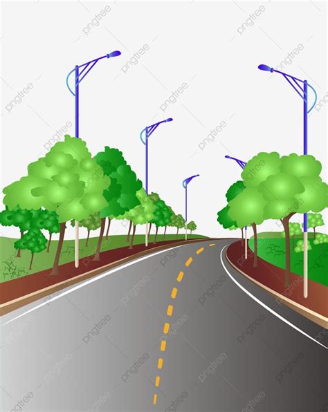 an image of a road with trees and street lights