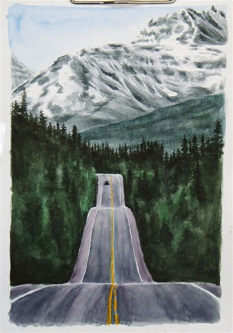 Watercolor mountains road forest | Mountains art painting, Mountain ...