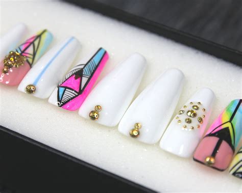 Abstract Artistic Press on Nails Coffin Luxury White Gel X | Etsy