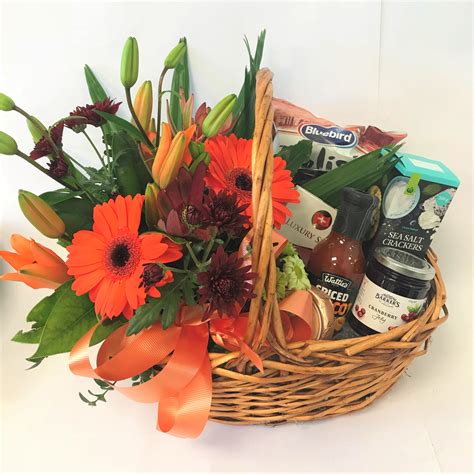 Fresh Flowers and Gourmet Treats Gift Basket – Gails Floral Studio