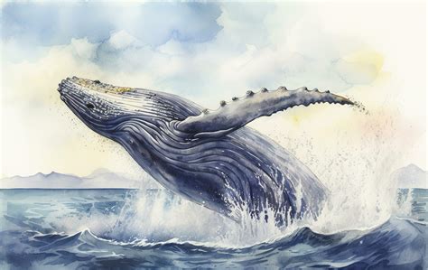 A whale breaching in a stormy ocean watercolor painting, beautiful ...