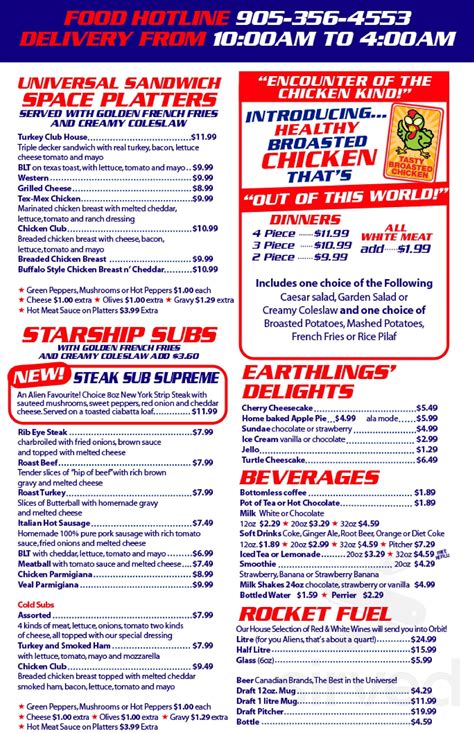 Flying Saucer Restaurant menu in Niagara Falls, Ontario, Canada