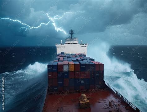 Cargo ship with containers on deck in storm sea stormy sky, cargo ...