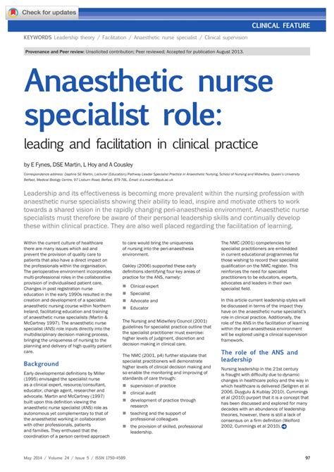 (PDF) Anaesthetic Nurse Specialist Role: Leading and Facilitation in ...