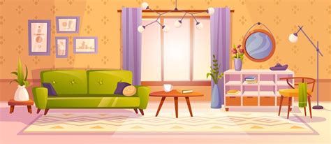 Premium Vector | Cozy living room interior design flat cartoon