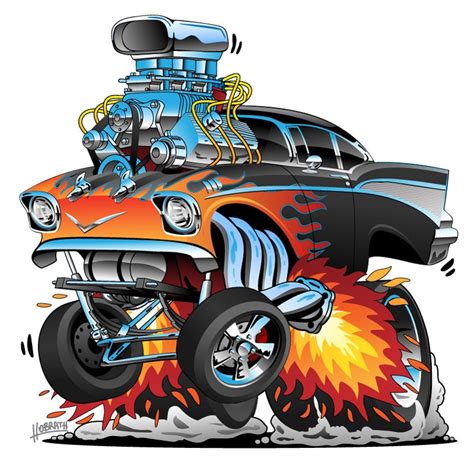 Old school 57 hotrod, popping a wheelie, huge chrome engine, classic ...