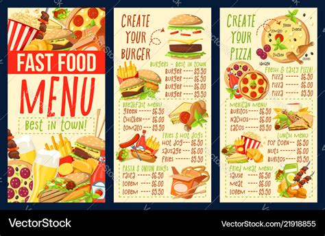 Fast food combo meals burgers and pizza menu Vector Image