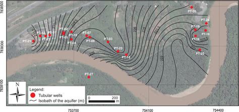 Isobath map indicating first occurrences of the aquifer. | Download ...