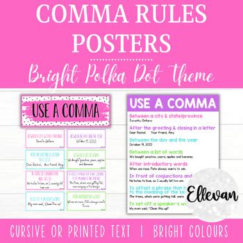 Comma Rules Posters | Bright Polka Dot Classroom Decor | Writing ...