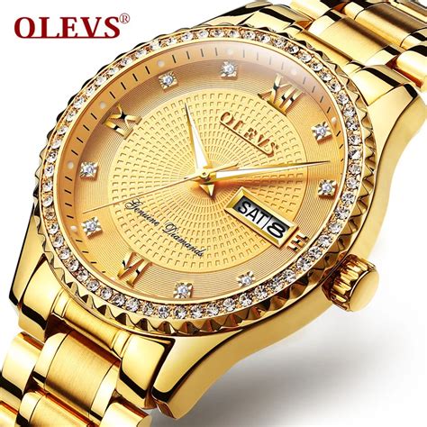 Genuine OLEVS Mens Gold Watches Luxury Quartz Diamond Watch Auto ...