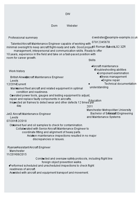 Aircraft maintenance engineer CV examples | myPerfectCV