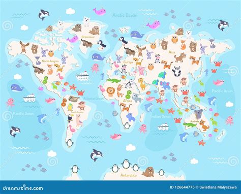 Vector Illustration of World Map with Animals for Kids. Stock ...